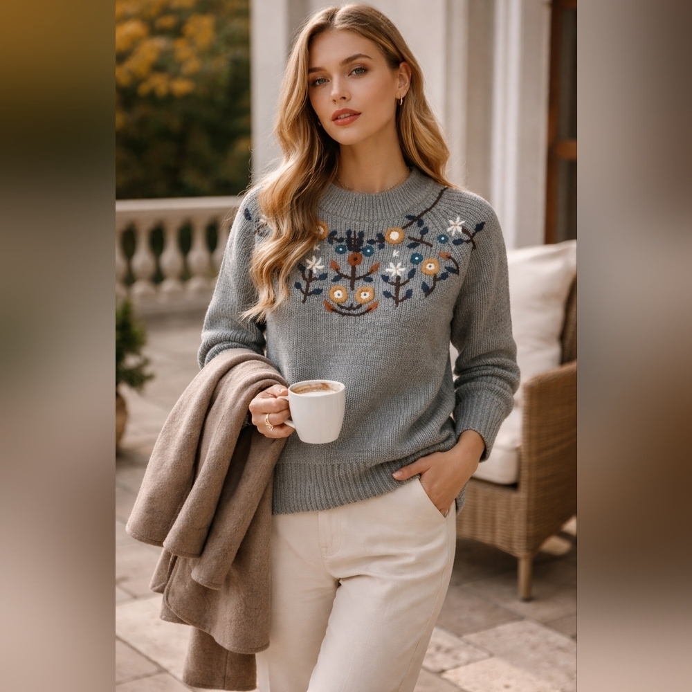 Zara Embroidered Handknit Floral Chunky Knit Sweater Gray Size Medium - Picture 1 of 12